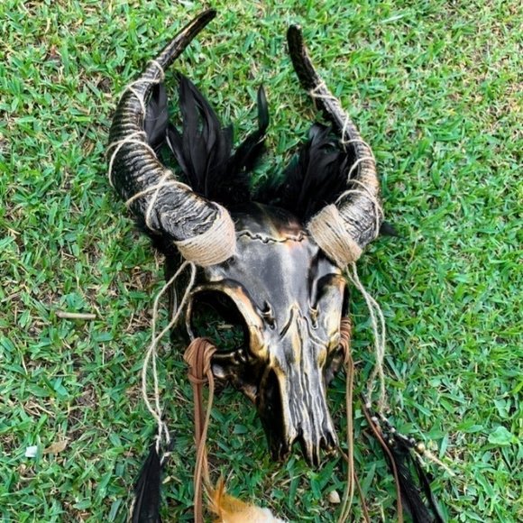 Gold Animal Skull OX Horned Feather Masquerade Halloween Cosplay Costume Mask - Picture 3 of 8